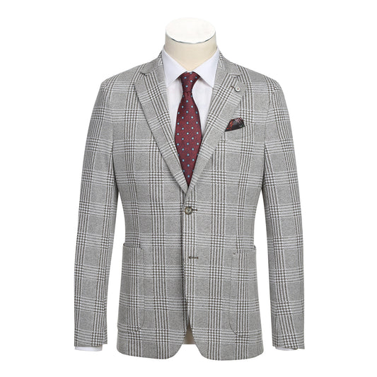 The mannequin is adorned with the Pellagio Gray Men's Half Canvas Blazer PS24-8, featuring a single-breasted design and notched lapel, elegantly paired with a white dress shirt, patterned red tie, and coordinating red pocket square.