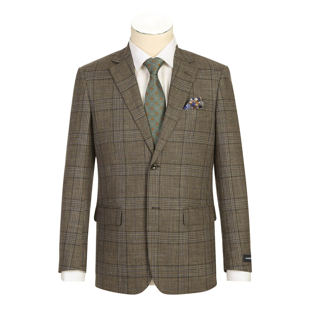 The Renoir Alessandro Vitello by Renoir New Slim Fit Sport Coat 565-18, shown on a mannequin with a white shirt, green patterned tie, and pocket square, features refined wool-linen fabric in a brown plaid for effortless style.