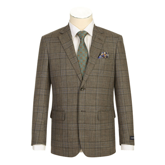 The Renoir Alessandro Vitello by Renoir New Slim Fit Sport Coat 565-18, shown on a mannequin with a white shirt, green patterned tie, and pocket square, features refined wool-linen fabric in a brown plaid for effortless style.