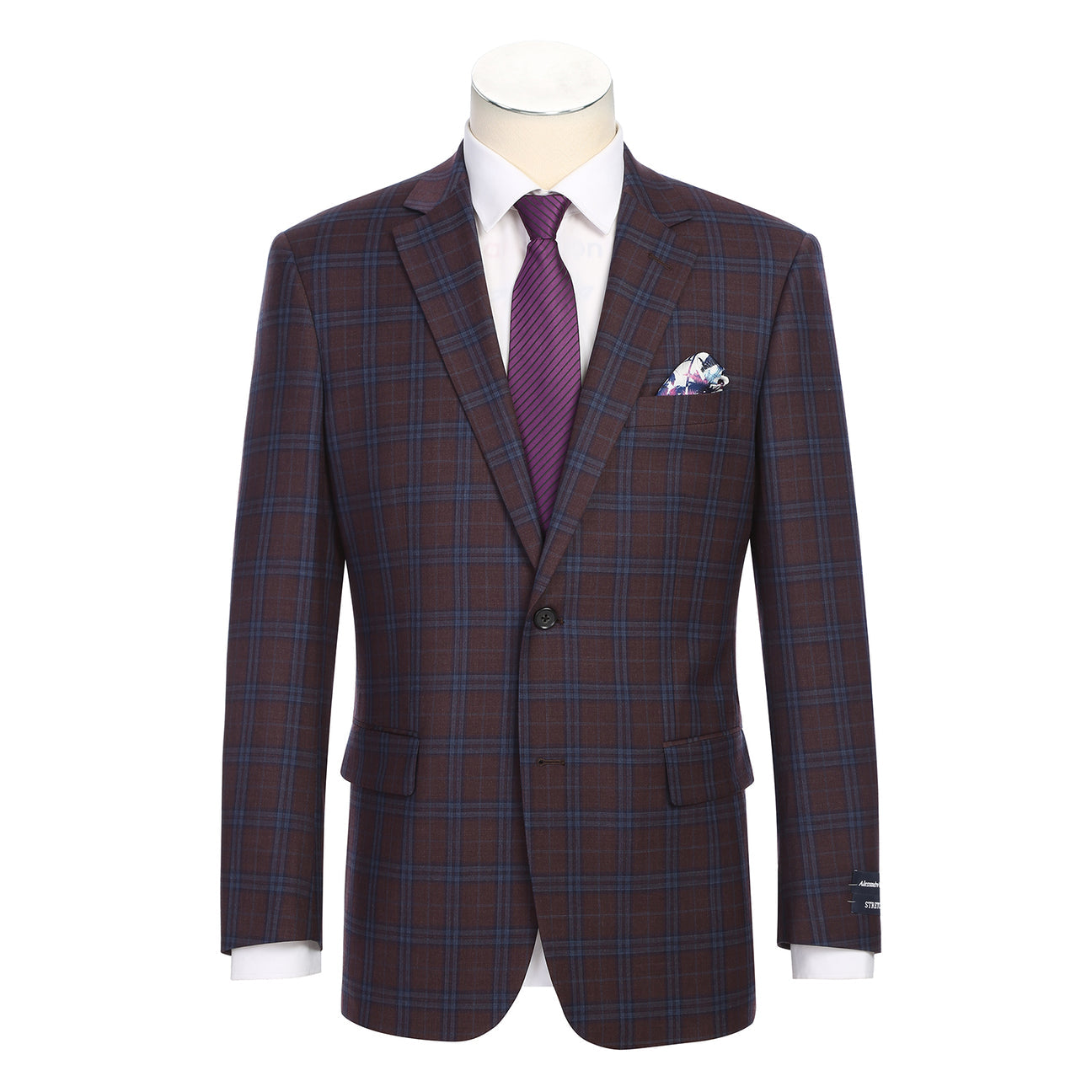 Plaid suit jacket with a purple tie and pocket square on a mannequin, with close-up details of the fabric and brand label.