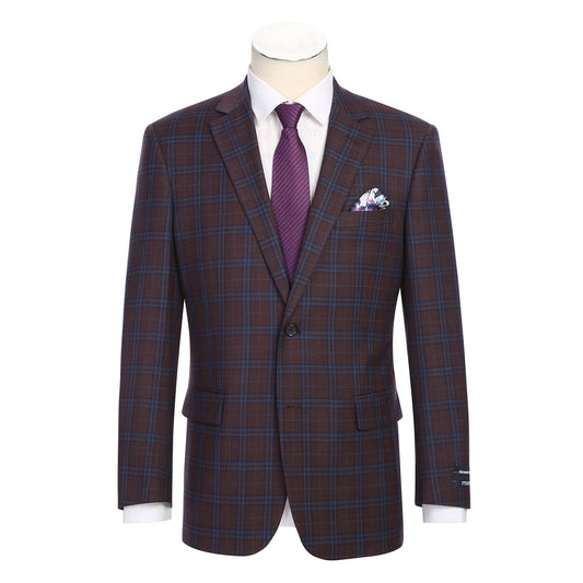 Plaid suit jacket with a purple tie and pocket square on a mannequin, with close-up details of the fabric and brand label.