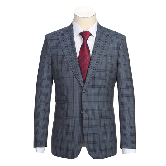 The ENGLISH LAUNDRY Wool Suit EL92-57-093 by English Laundry features a gray plaid slim-fit jacket over a white dress shirt with a red patterned tie, displayed on a mannequin.
