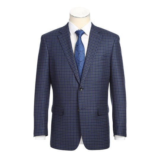 The Renoir Alessandro Vitello Classic Fit Wool Blue Blazer 565-9 is shown on a mannequin with a white dress shirt and blue patterned tie, featuring a notch lapel and a blue and black checkered pattern.