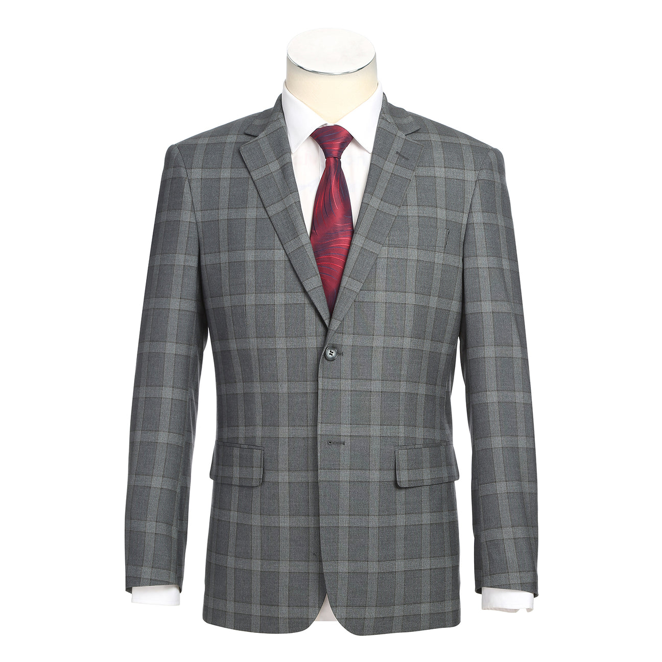 The Alessandro Vitello by Renoir New Slim Fit Monument Suit 293-46, showcased on a mannequin with a white dress shirt and red patterned necktie—a refined men’s ensemble from Renoir.