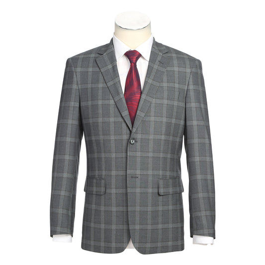 The Alessandro Vitello by Renoir New Slim Fit Monument Suit 293-46, showcased on a mannequin with a white dress shirt and red patterned necktie—a refined men’s ensemble from Renoir.