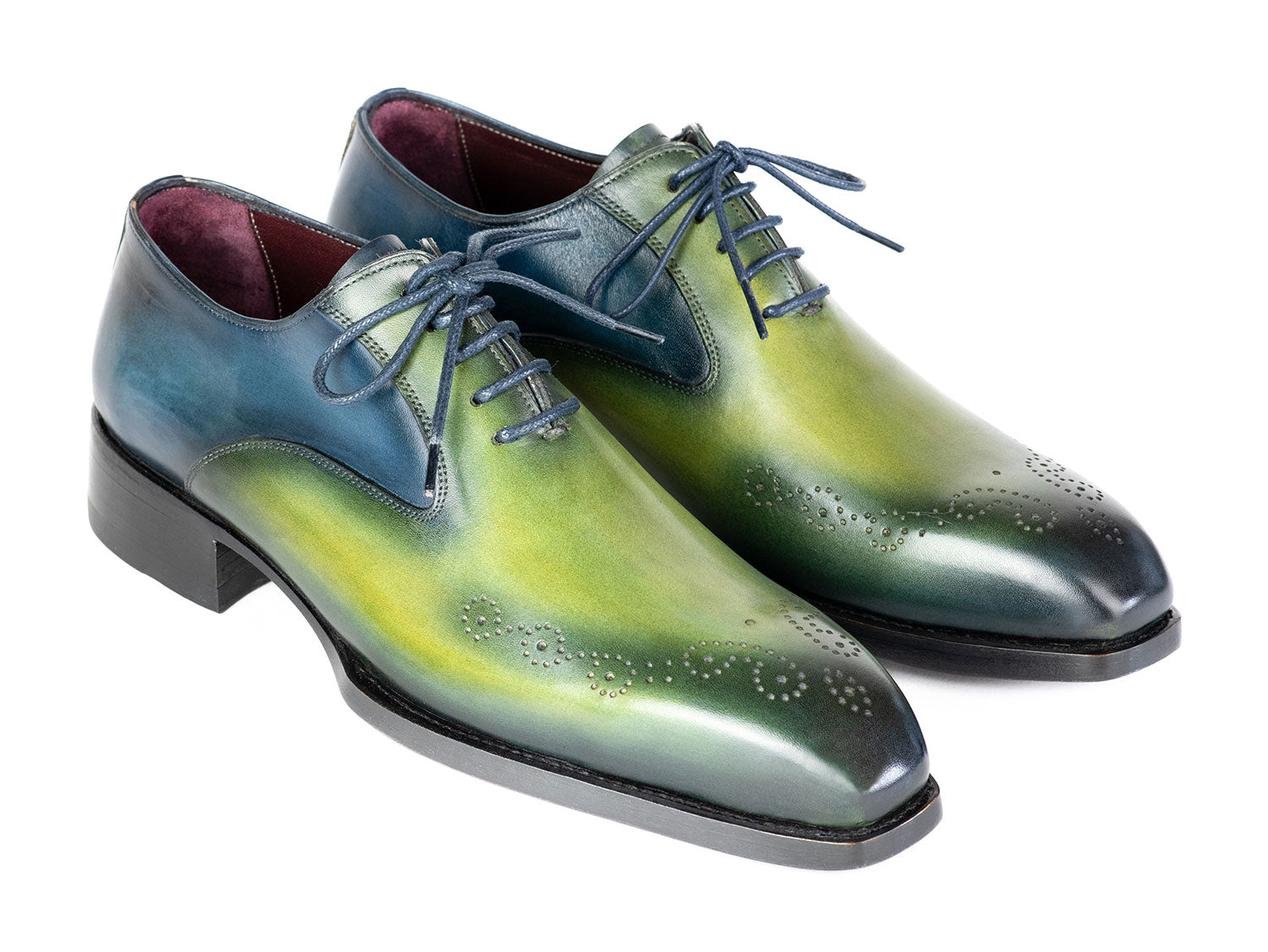 Introducing the Paul Parkman Goodyear Welted Punched Oxfords in Blue & Green (5364-GBL), a pair of hand-painted leather dress shoes featuring a stunning green and blue gradient, laces, decorative perforations, and crafted with a Goodyear welted sole.