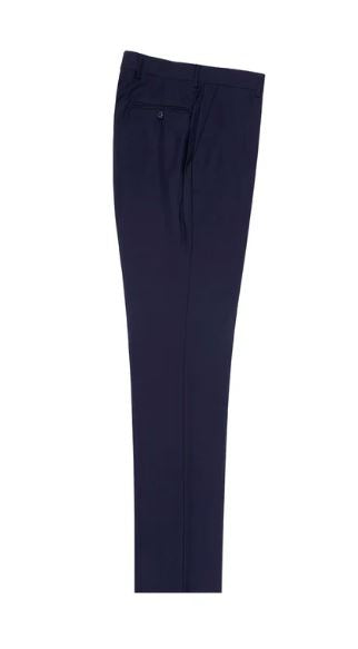 Tiglio Luxe New Blue Semi-Wide Leg Wool Marbella Dress Pants TIG1036 by Tiglio Luxe, crafted from extra fine wool, shown folded with a visible back pocket and button.