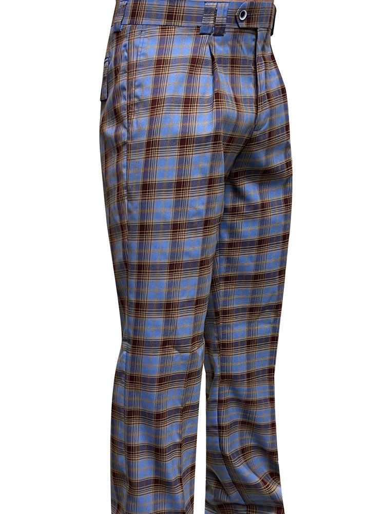 A side view of the STATEMENT CLOTHING WIDE LEG PLAID PANTS WP-103-BLUE—final sale, high-waisted Italian wool pants in blue and brown plaid, from Statement Clothing.