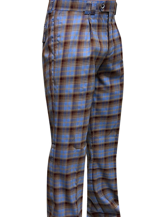 STATEMENT CLOTHING | WIDE LEG PLAID PANTS WP-103-BLUE by Statement Clothing: Blue wool pants with a blue and brown check pattern, pleated front, belt loops, and side pockets, shown in a side view.