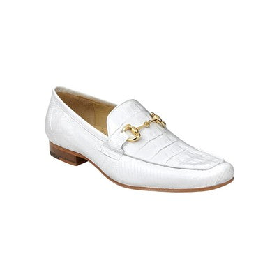 The Belvedere - 1030 White by BELVEDERE is a white leather loafer with crocodile texture, gold horsebit detail, low wooden heel, and tan lining.