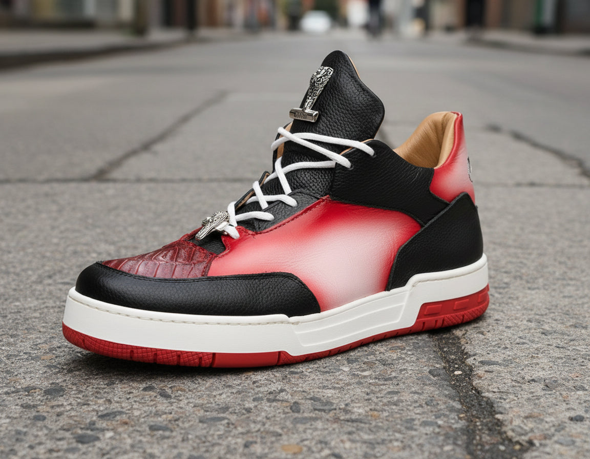 The Mauri 8423 Red/Black/White Shoes, crafted from custom Italian patent leather with white laces and a metal lace lock, are showcased on a city street pavement.