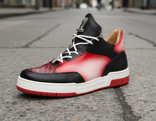 The Mauri 8423 Red/Black/White Shoes, crafted from custom Italian patent leather with white laces and a metal lace lock, are showcased on a city street pavement.