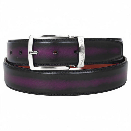The Paul Parkman Men's Dual Color Patina Hand-Painted Leather Belt (Purple & Black B01-B) features black and purple hand-painted leather with a silver rectangular "PAUL PARKMAN" engraved buckle, shown coiled on a white background.