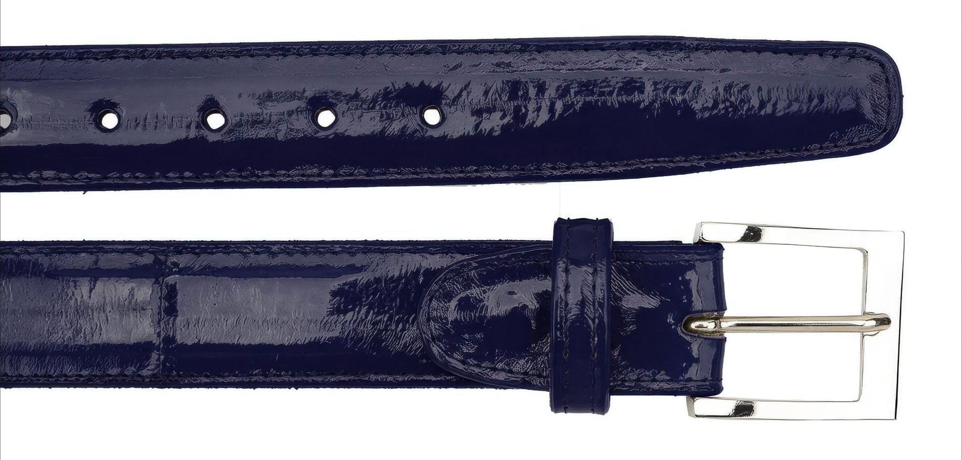 The BELVEDERE Belvedere Eel Belt Navy 2002 features shiny navy blue eel leather, a silver rectangular buckle, and an adjustable fit in size 44, shown fully extended and partially rolled on a white background.