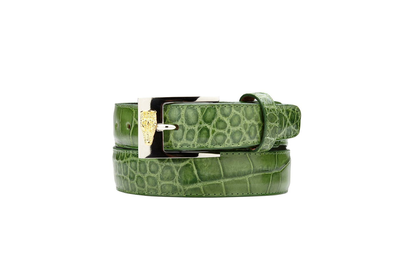 The BELVEDERE Belvedere Alligator Belt Pistachio 2008 features genuine alligator leather in a green crocodile pattern with an adjustable fit and a silver rectangular buckle accented with gold for timeless style.