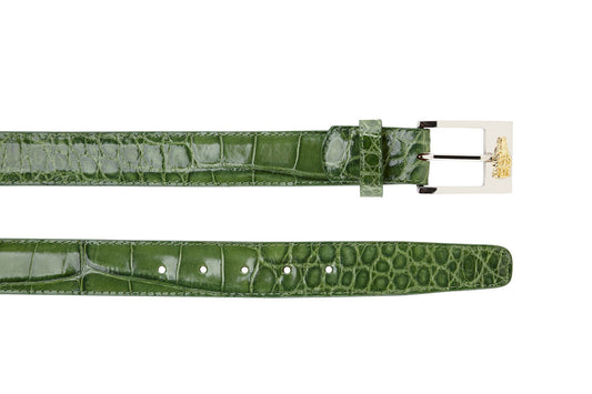 The BELVEDERE Belvedere Alligator Belt Pistachio 2008 features green crocodile-embossed leather, a silver rectangular buckle, and multiple adjustment holes for a customizable fit.