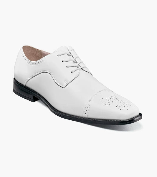 The STACY ADAMS Kenway Cap Toe Oxford (20194-100) is a white leather dress shoe with laces, a black sole, and decorative toe perforations.