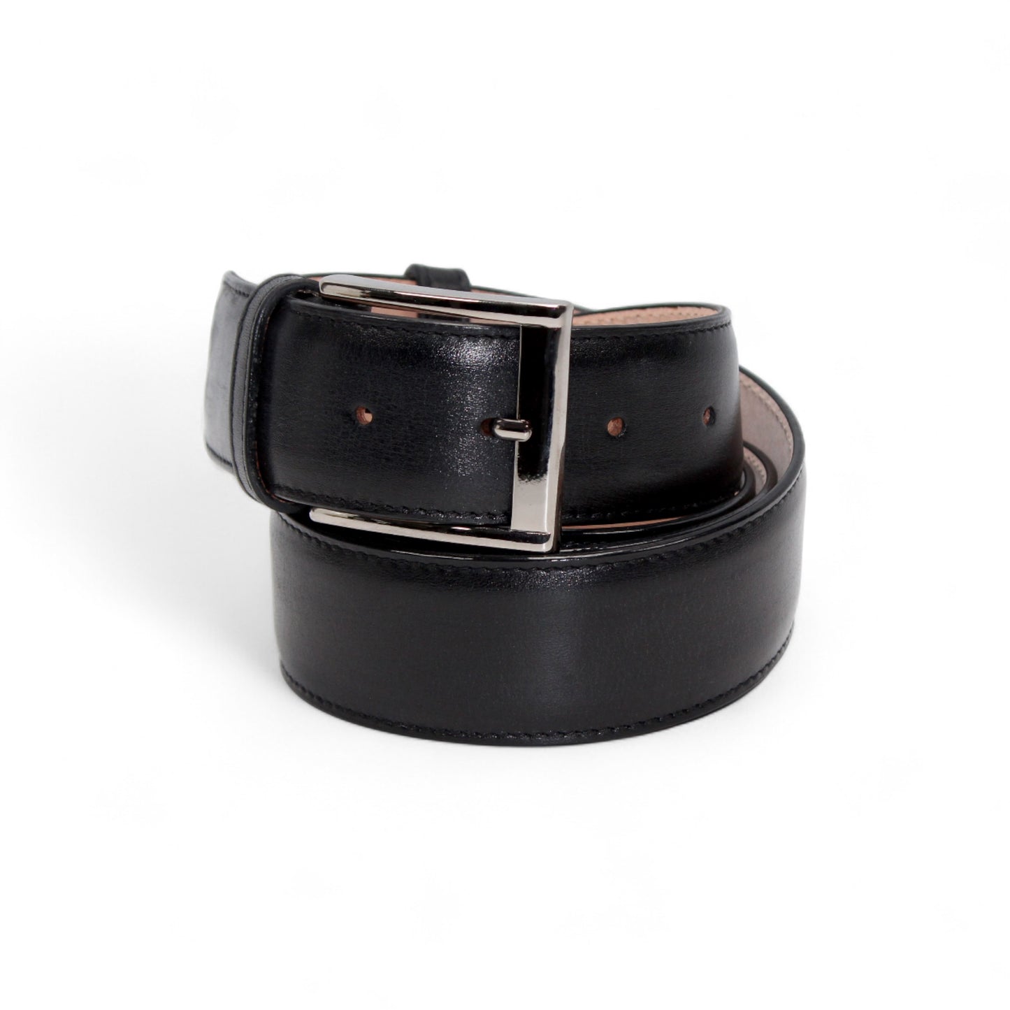 The Matiste Black Leather Belt 201 features genuine leather and a silver buckle, coiled on a white background—this luxury Matiste accessory exemplifies classic Italian craftsmanship.