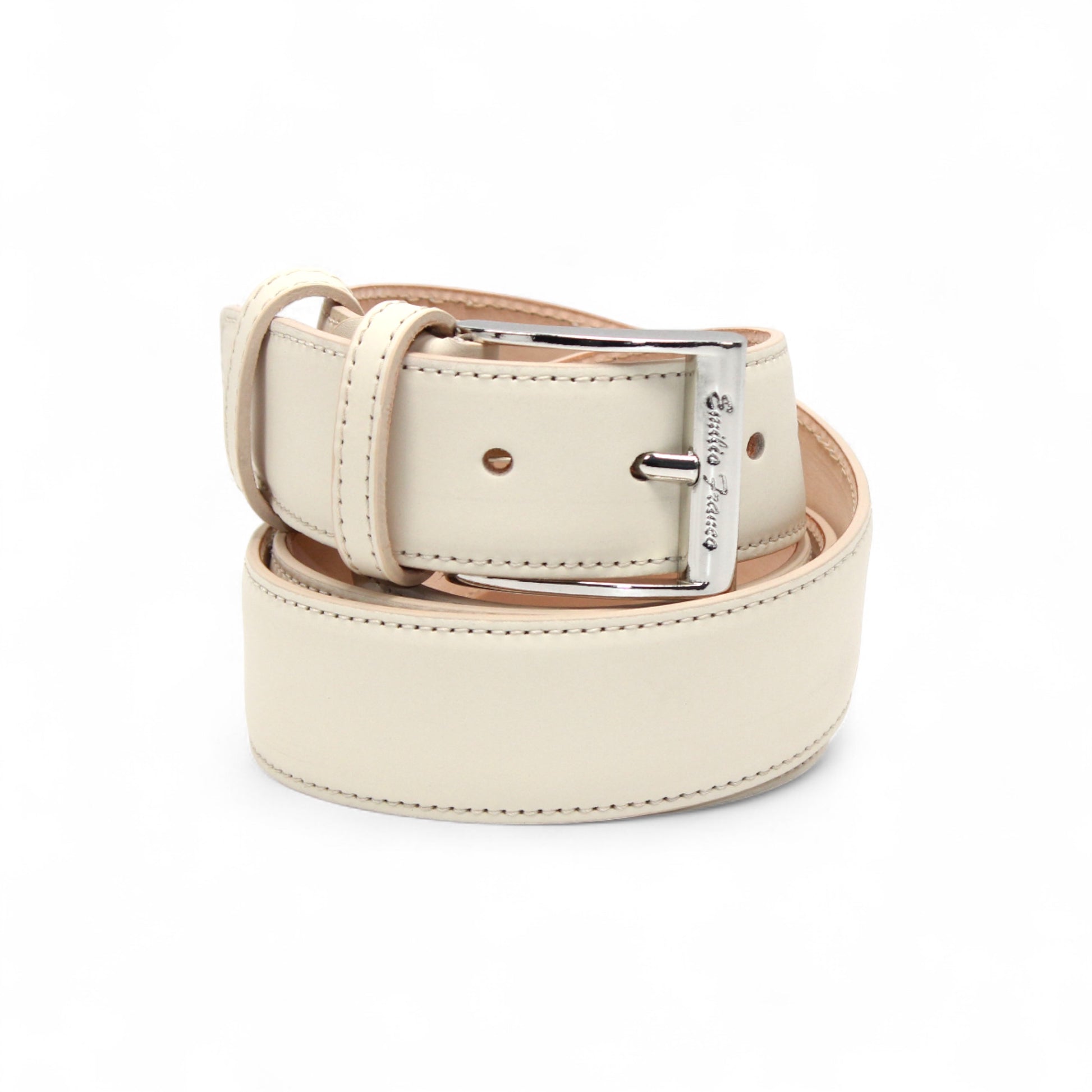 The Matiste Bone Leather Belt 201 by Matiste features cream leather with matching stitching and a silver buckle, displayed coiled on a plain white background.