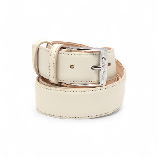 The Matiste Bone Leather Belt 201 by Matiste features cream leather with matching stitching and a silver buckle, displayed coiled on a plain white background.