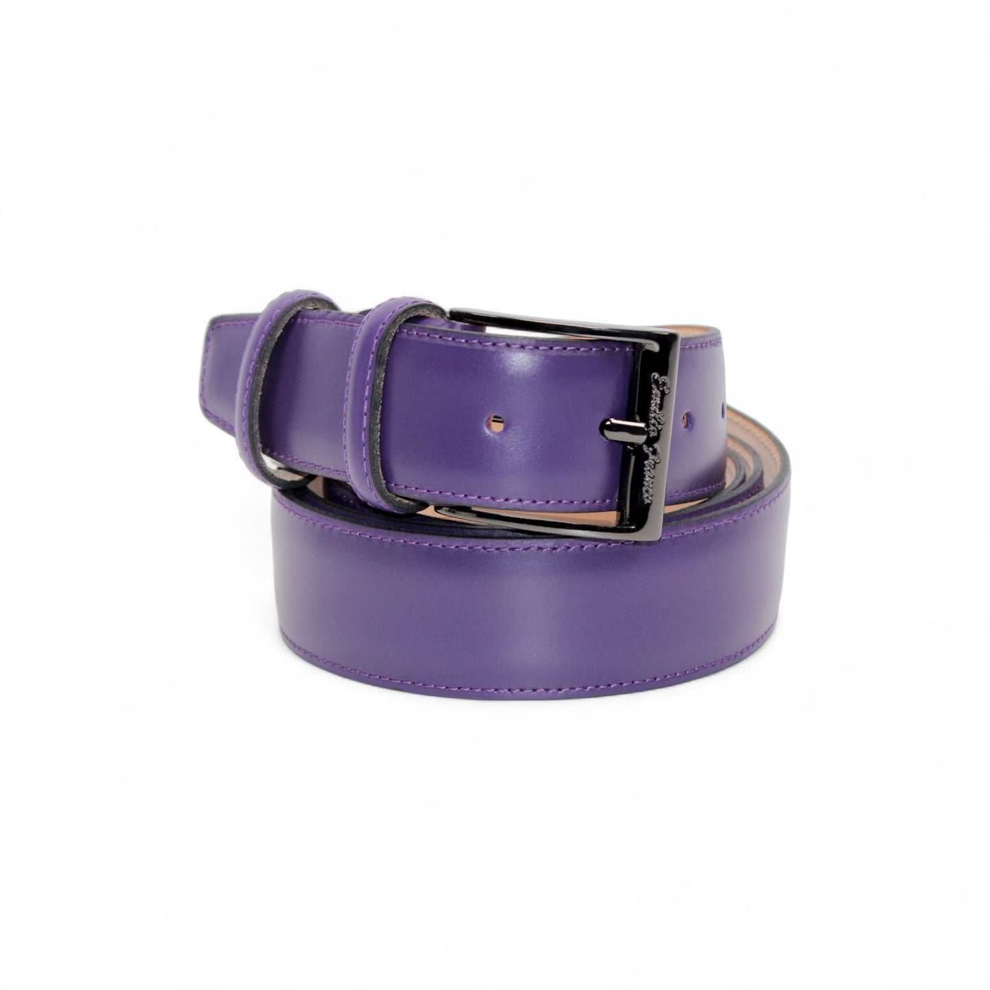 The Matiste Purple Leather Belt 201 by Matiste, crafted from genuine purple leather with a shiny black metal buckle, reflects Italian craftsmanship and is displayed coiled on a white background.