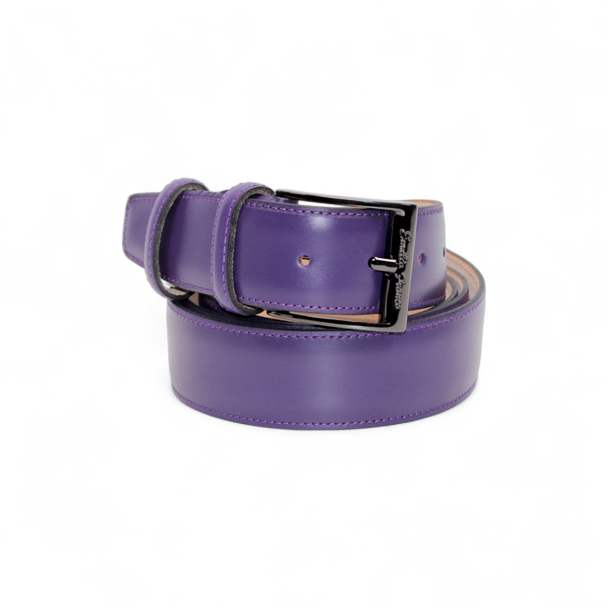 The Matiste Purple Leather Belt 201 by Matiste, crafted from genuine purple leather with a shiny black metal buckle, reflects Italian craftsmanship and is displayed coiled on a white background.
