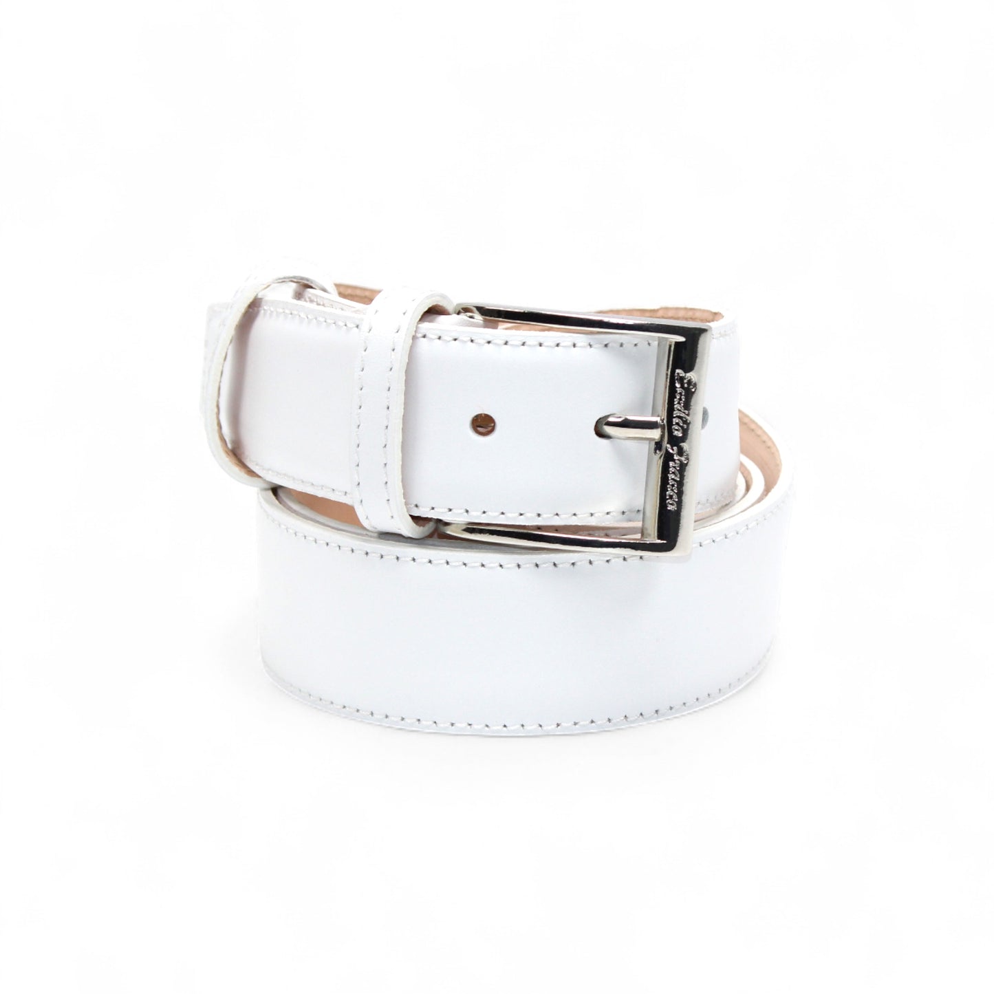 The Matiste White Leather Belt 201 by Matiste features genuine Italian leather and a silver buckle, coiled neatly against a white background—a stylish and versatile accessory for any wardrobe.