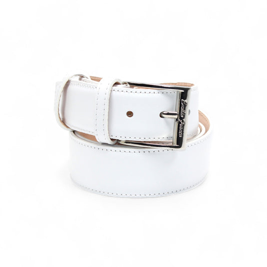 The Matiste White Leather Belt 201 by Matiste features genuine Italian leather and a silver buckle, coiled neatly against a white background—a stylish and versatile accessory for any wardrobe.