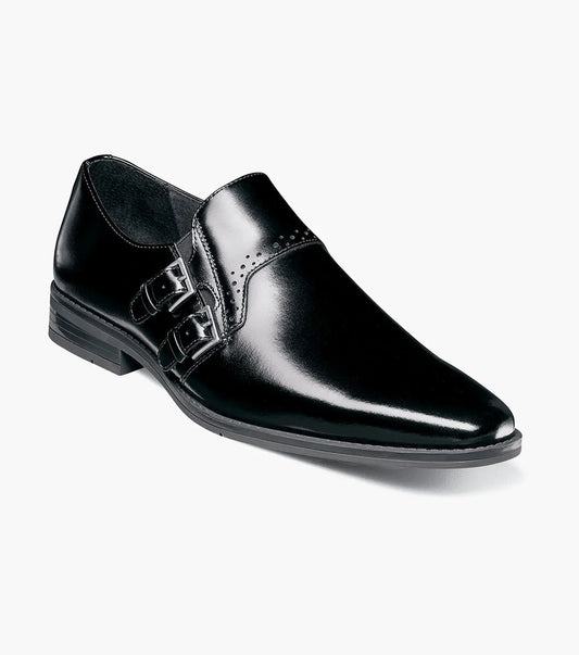 The Stacy Adams Kilgore Plain Toe Double Monk Strap in black offers a stylish double monk design, low heel, and pointed toe—ideal for dress or casual looks. Shown on a plain white background.