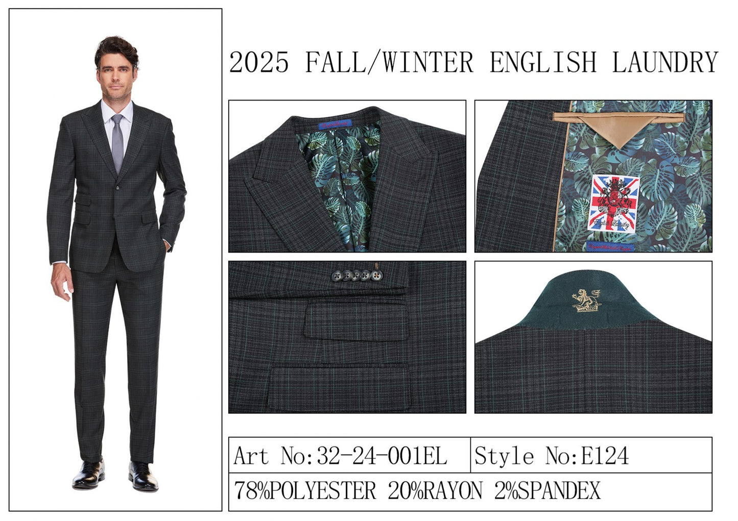 The ENGLISH LAUNDRY 2pc Suit Green 32-24-001EL by English Laundry is a dark plaid men's blazer featuring notch lapels, two-button closure, flap pockets, and a green tropical leaf print lining.