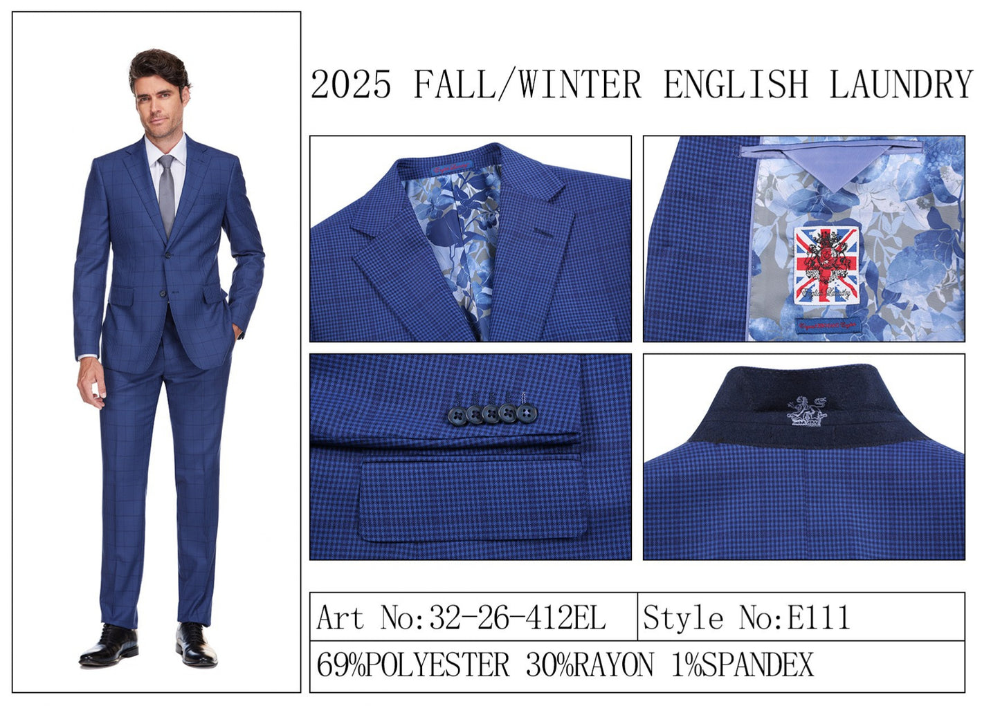 The English Laundry ENGLISH LAUNDRY 2pc Suit Navy 32-26-412EL is a men's slim-fit blazer with a single button, flap pockets, and floral lining.
