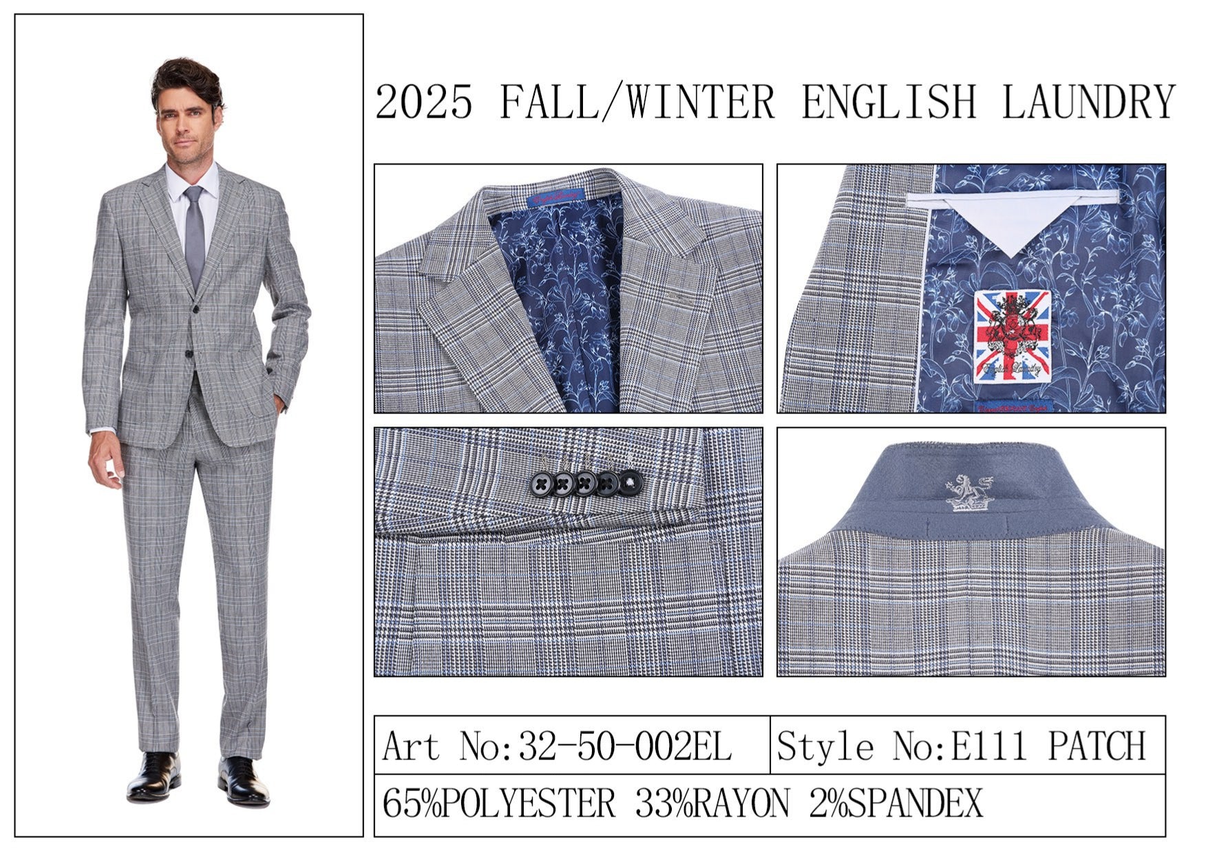 English Laundry 2pc Suit Light Gray 32-50-002EL: Men’s slim-fit single-breasted grey plaid blazer with two-button closure, two front pockets, and a blue patterned lining—versatile for any modern wardrobe. Displayed on a white background.