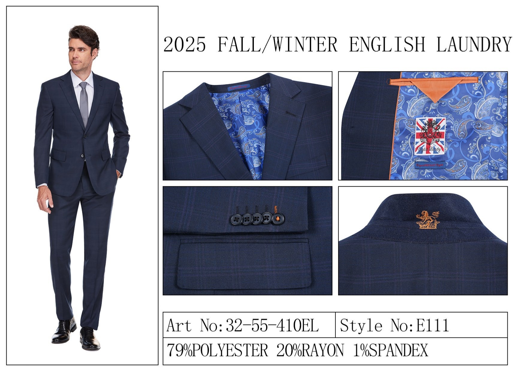 The ENGLISH LAUNDRY 2pc Suit Navy 32-55-410EL by English Laundry features a navy blue plaid blazer with single button closure, front pockets, and blue paisley inner lining in a comfy polyester-rayon-spandex blend, shown on a white background.