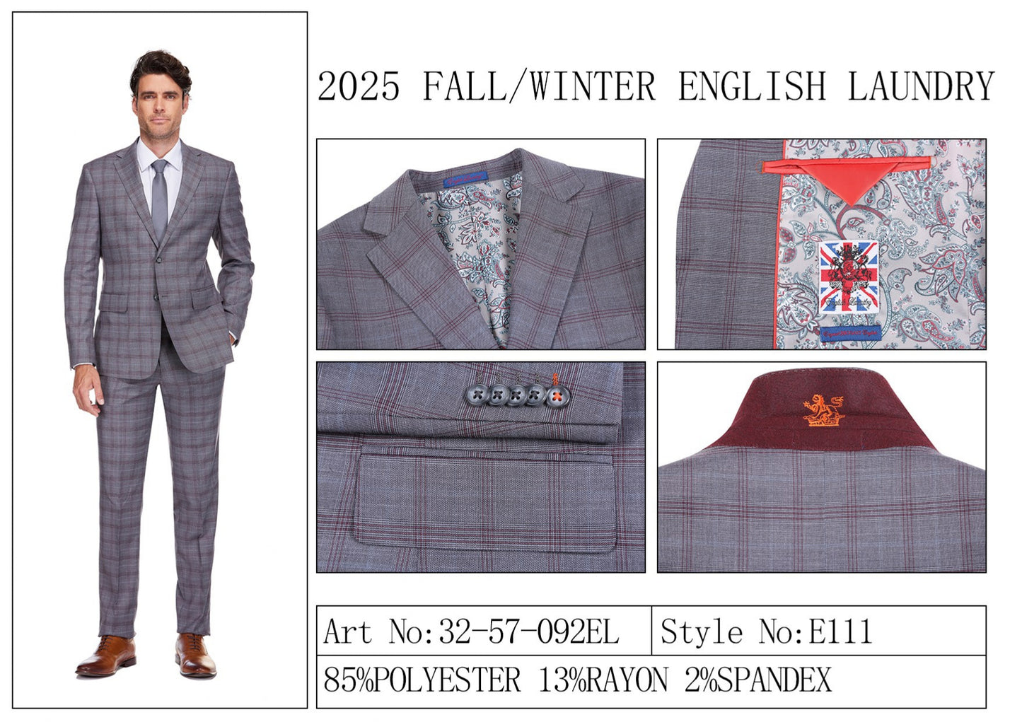 Close-up of the upper section of the ENGLISH LAUNDRY 2pc Suit Gray 32-57-092EL by English Laundry, highlighting gray plaid slim-fit trousers with red lines, a belt loop, waistband, and a buttoned back pocket.