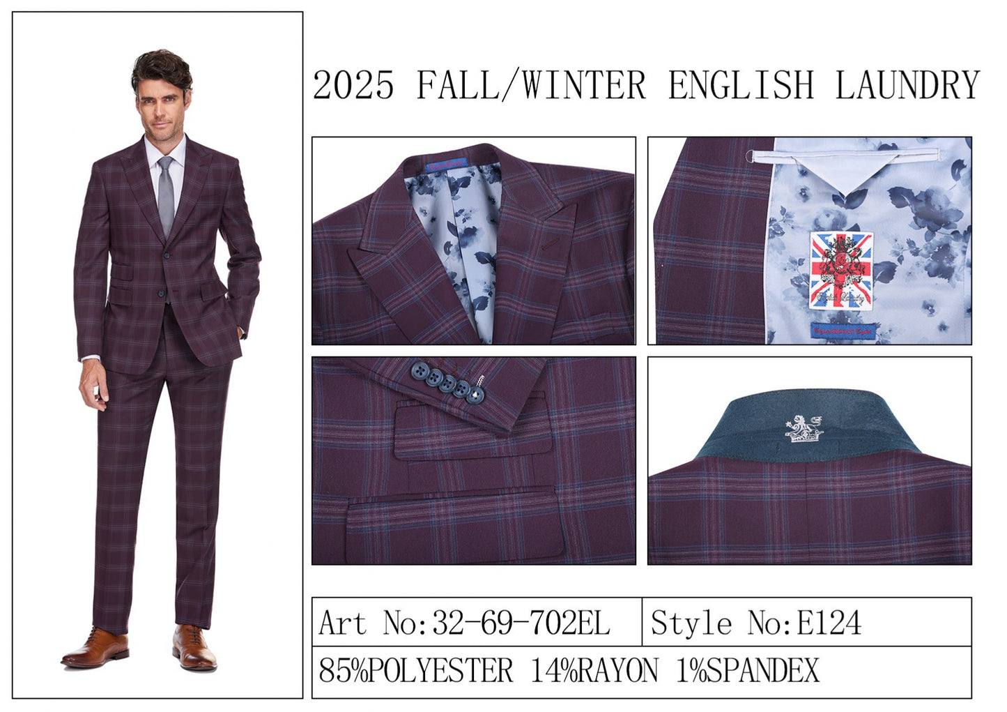 The English Laundry 2pc Suit (Purple, style 32-69-702EL) features a single-breasted jacket with two buttons, notched lapels, flap pockets, and a light blue floral lining.