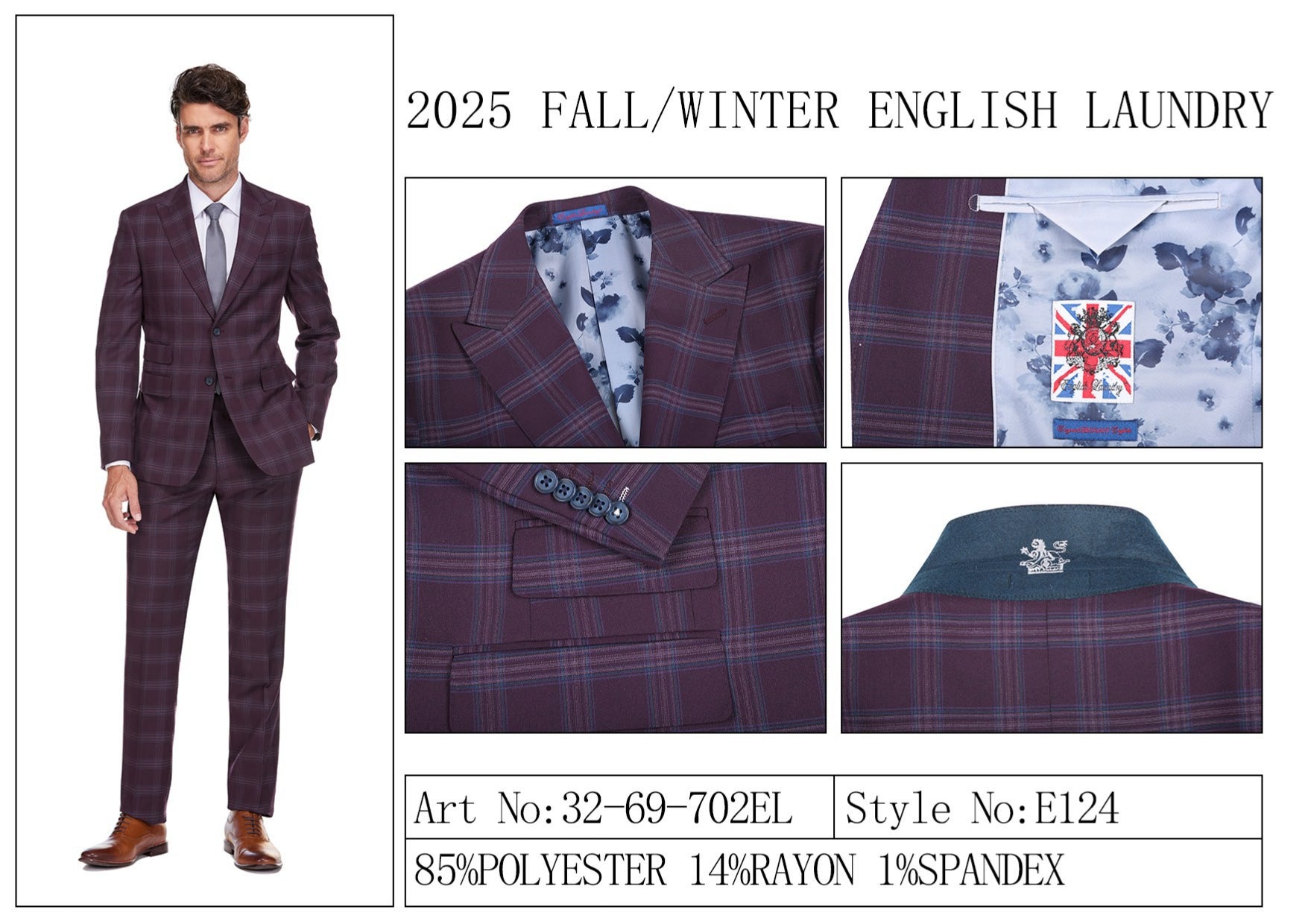 The English Laundry 2pc Suit (Purple, style 32-69-702EL) features a single-breasted jacket with two buttons, notched lapels, flap pockets, and a light blue floral lining.