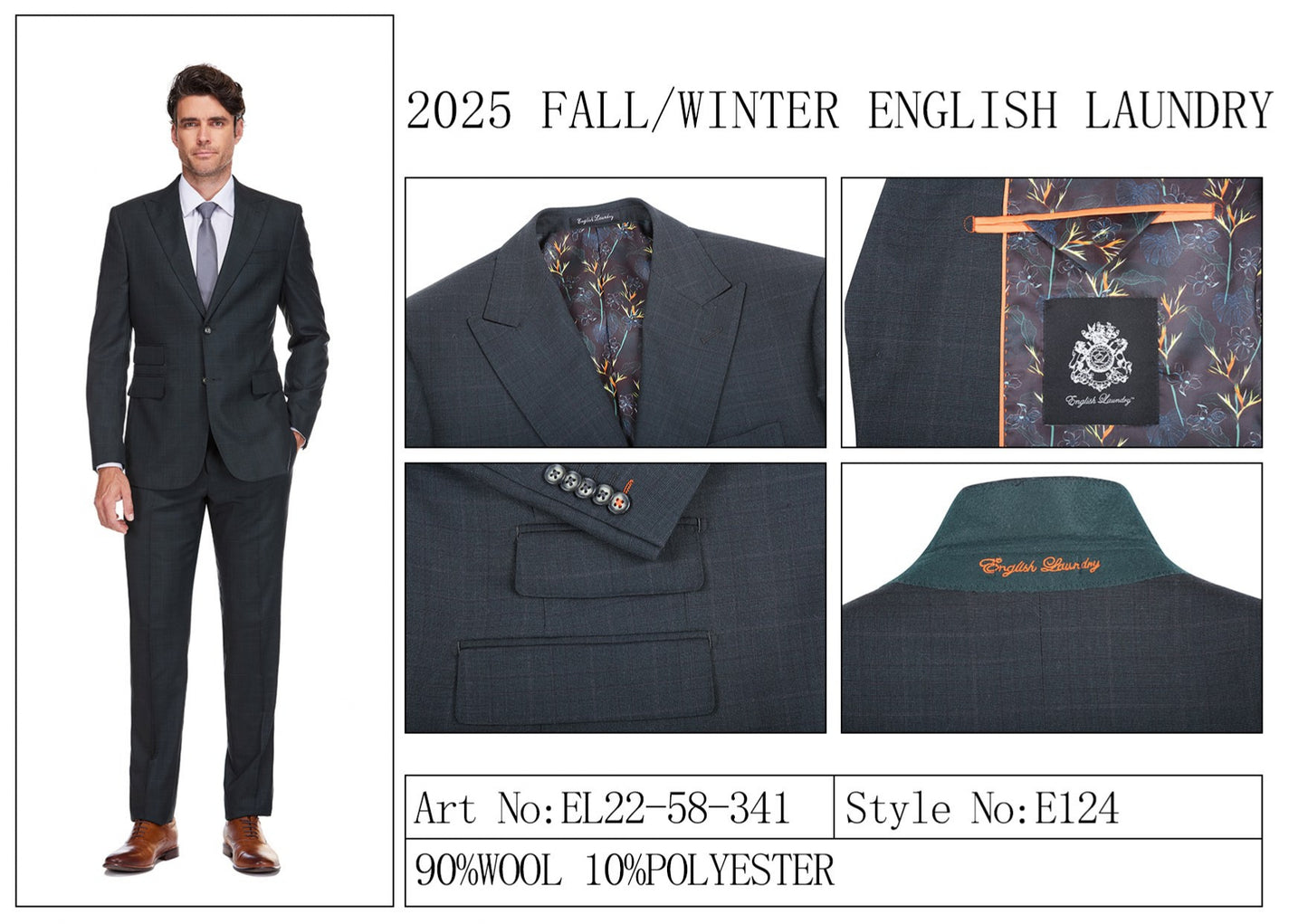 The ENGLISH LAUNDRY 2pc Wool Suit Olive EL22-58-341 by English Laundry features a slim fit jacket in olive wool with two buttons, subtle patterning, and a distinctive inner lining with colorful floral designs.