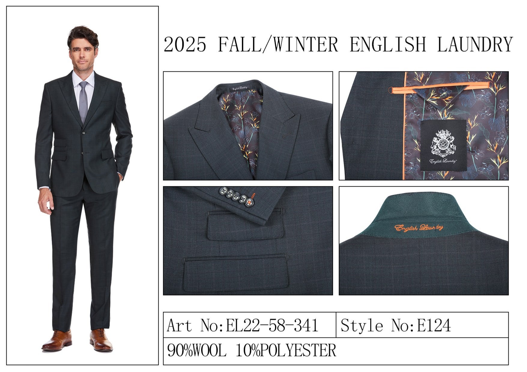 The ENGLISH LAUNDRY 2pc Wool Suit Olive EL22-58-341 by English Laundry features a slim fit jacket in olive wool with two buttons, subtle patterning, and a distinctive inner lining with colorful floral designs.