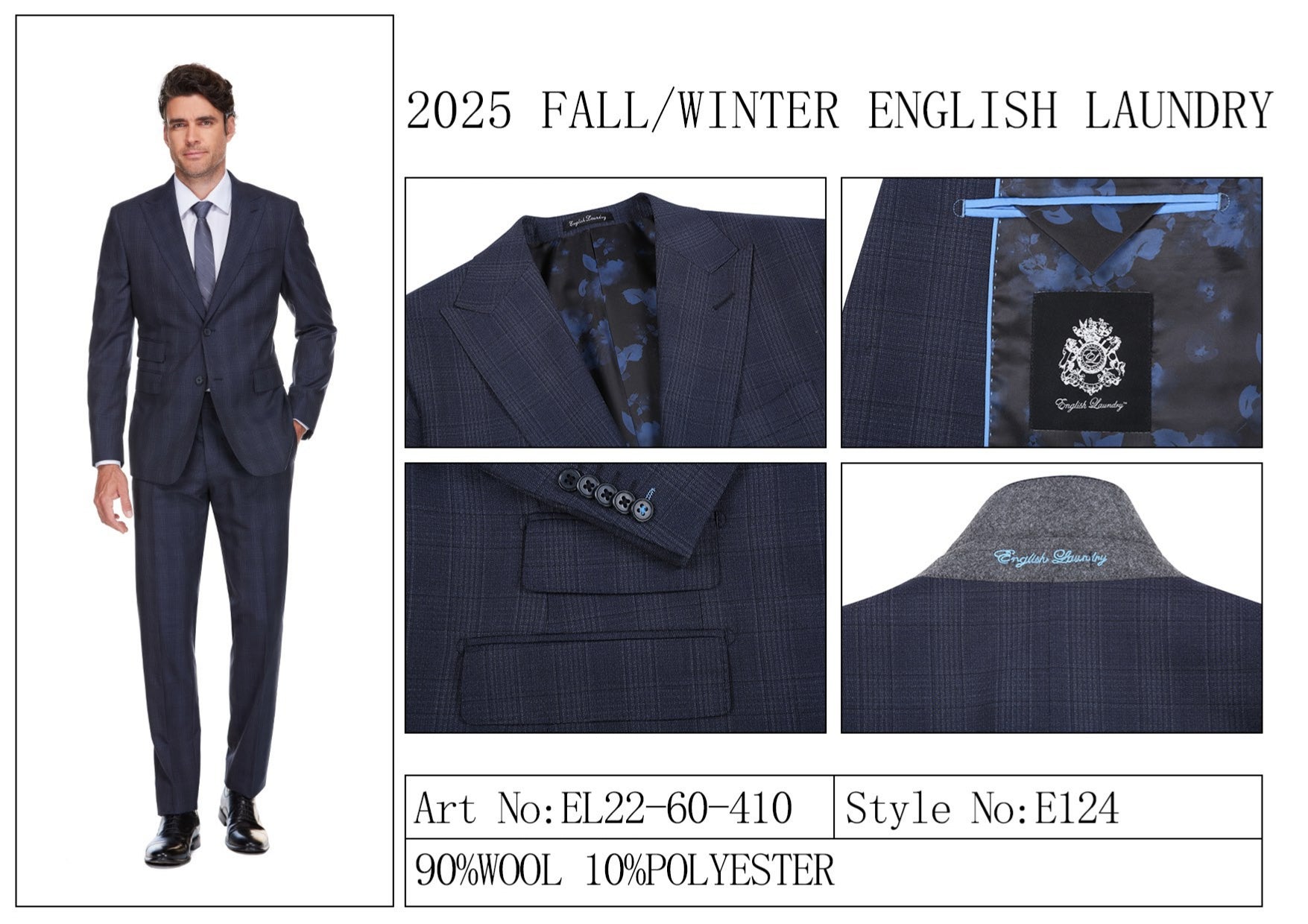 A man wears the English Laundry ENGLISH LAUNDRY 2pc Wool Suit Navy EL22-60-410; close-ups highlight its navy plaid fabric (90% wool, 10% polyester), inner lining, buttons, and embroidered label.