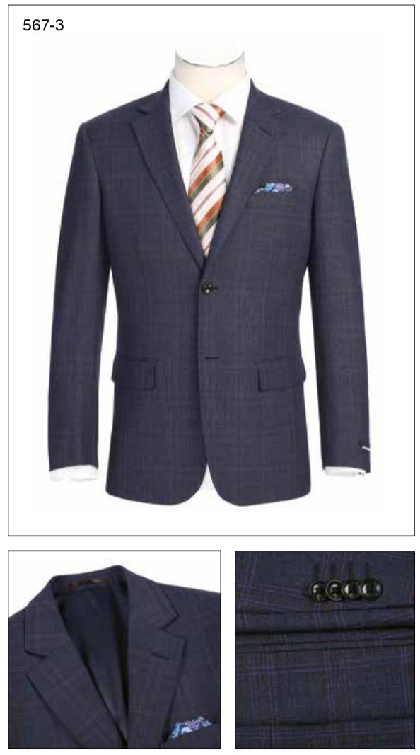 The Renoir Alessandro Vitello New Slim Fit Wool Brown Blazer 567-3 is expertly tailored from 100% wool; close-ups highlight its lapel and buttoned sleeve details. Paired with a striped tie and pocket square for added style.