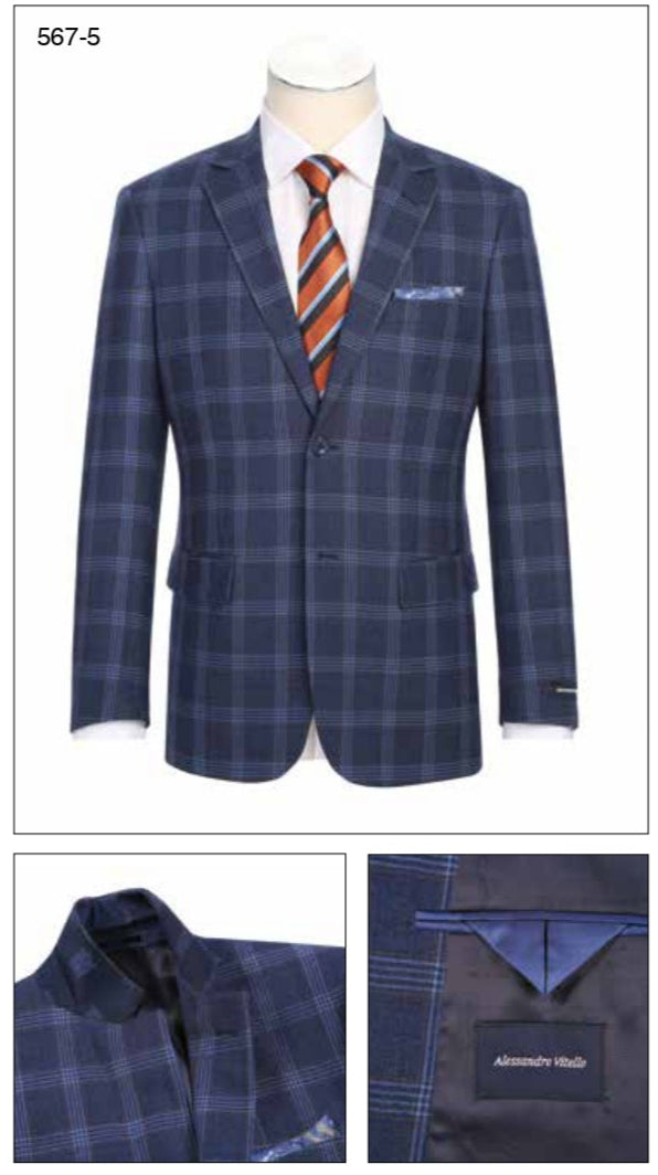 Renoir Alessandro Vitello New Slim Fit Wool Blue Blazer 567-5 features notch lapels, single-breasted style, and 100% wool. Shown with white shirt and striped tie; detail images highlight collar and inside label reading "Renoir.