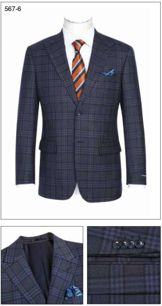 The Renoir Alessandro Vitello New Slim Fit Wool Dark Gray Blazer 567-6 features notched lapels, two buttons, flap pockets, a blue pocket square, and an orange striped tie. Close-ups show interior details and sleeve buttons.