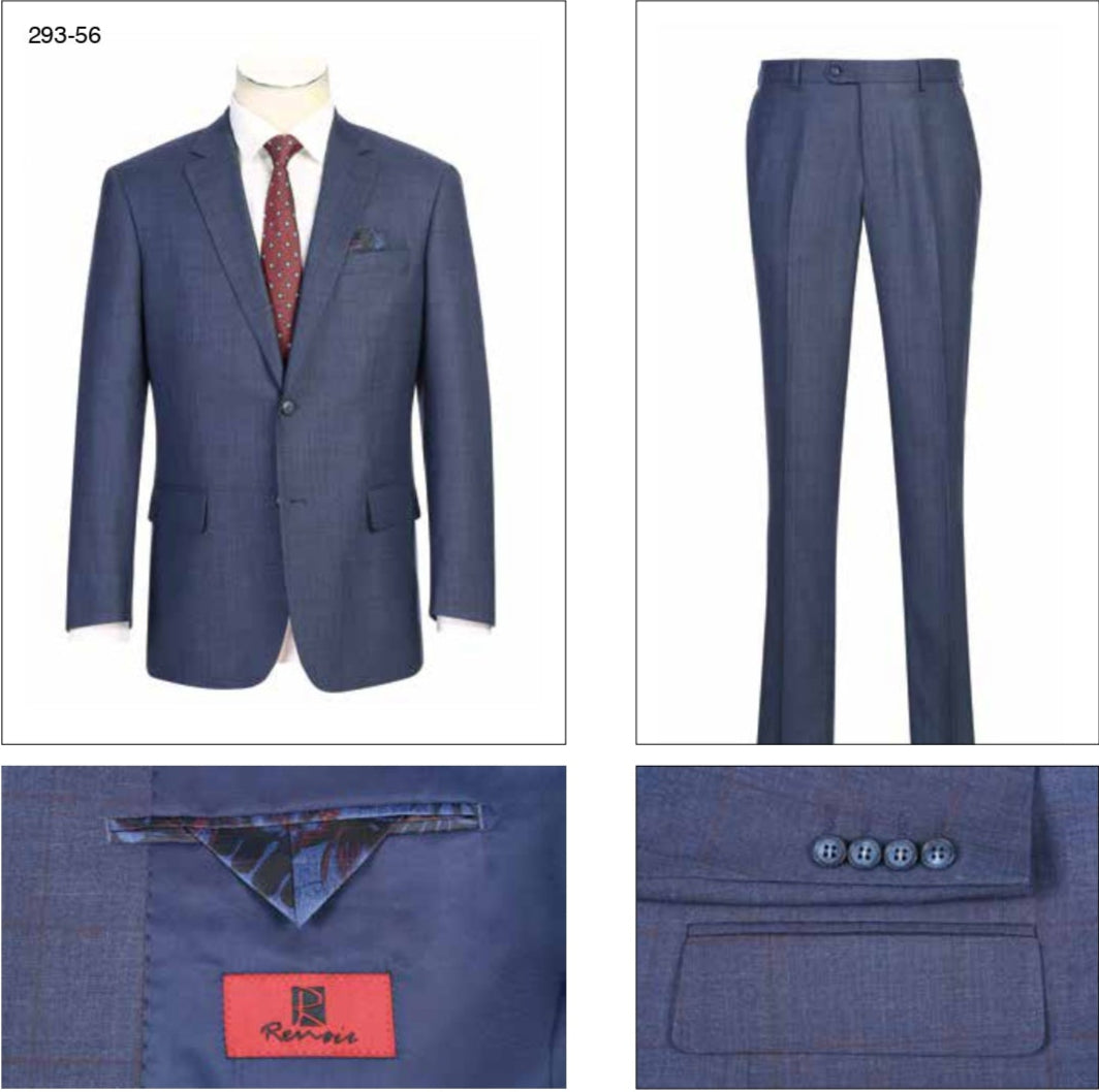 The Alessandro Vitello by Renoir Classic Fit Navy Suit 293-56 features a navy single-breasted jacket and trousers, accented with a red patterned tie, pocket square, button details, and a red inside label with the Renoir brand.