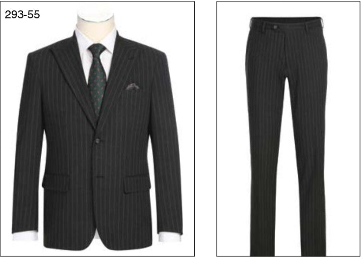 The Alessandro Vitello by Renoir New Slim Fit Black Suit 293-55 features a black pinstripe single-breasted jacket with notch lapel and matching flat front pants, shown front-facing.