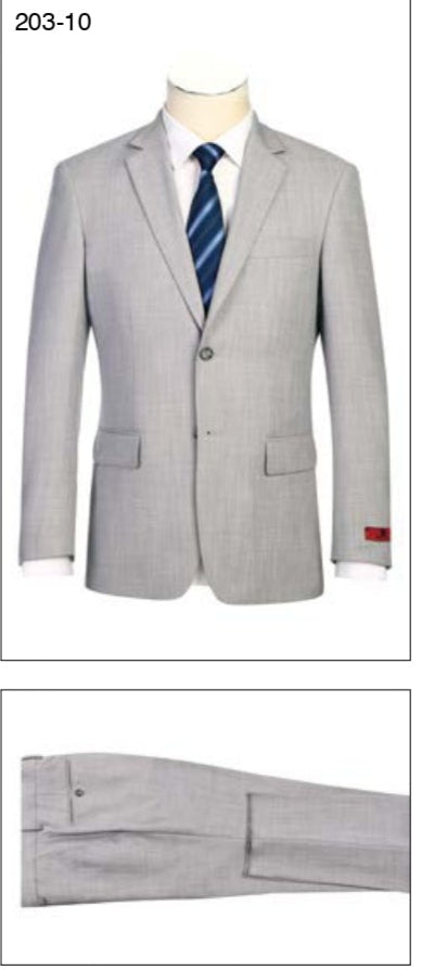 The Renoir Alessandro Vitello New Slim Fit Suit 203-10 features a light gray notch lapel, flat front pants, and a two-button jacket. Pair with a white shirt and blue striped tie for a sharp, modern look.