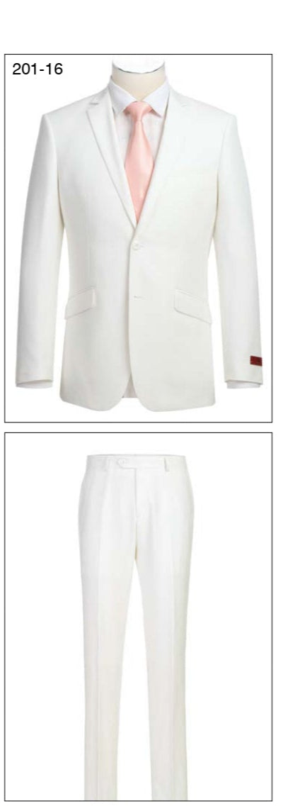 A white two-piece slim fit suit with a notched lapel and side-vented design, including a matching tie. The suit has a flat front pant and is made from a blend of polyester and rayon.