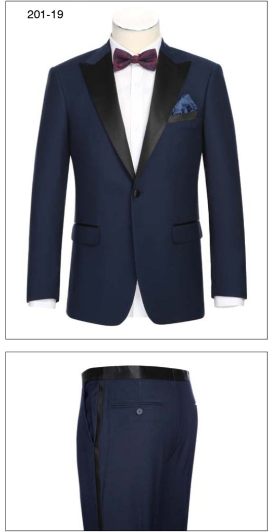The Alessandro Vitello by Renoir New Slim Fit Tuxedo 201-19 features a dark blue polyester rayon finish with satin peak lapels. It's styled with a white shirt, burgundy bow tie, and blue pocket square. The matching side-vented trousers are shown in the lower image.