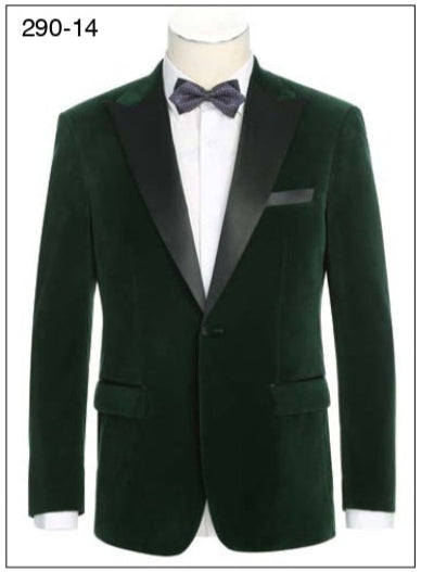 A green velvet tuxedo jacket with a black satin peak lapel, displayed on a mannequin.