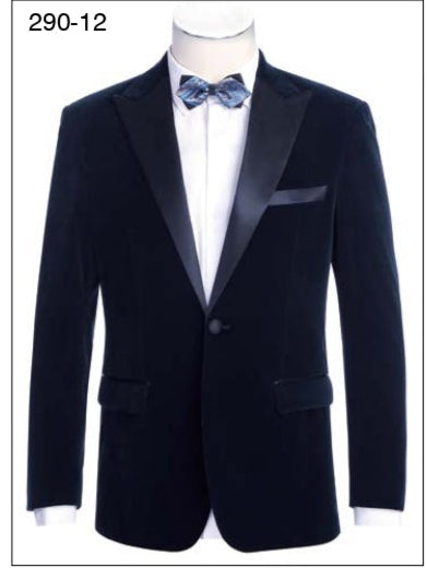 Image featuring the Alessandro Vitello by Renoir New Slim Fit Velvet Tuxedo Jacket 290-12 in black, blue, red, and green with assorted bow ties. Each jacket has a satin peak lapel and side vents. Display includes fabric swatches and item details. Brand: Renoir.