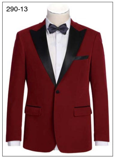 A red velvet tuxedo jacket with a black satin peak lapel, displayed on a mannequin.
